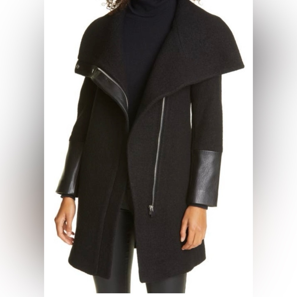 Club Monaco Black Wool and Leather Coat